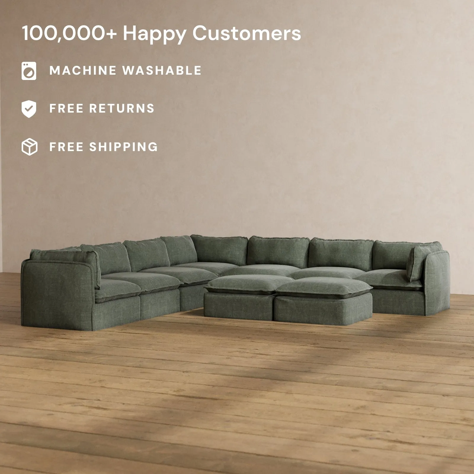 Slipcover Only - Modular Washable 7-Seater Corner Sectional   Bench Ottoman in Willow