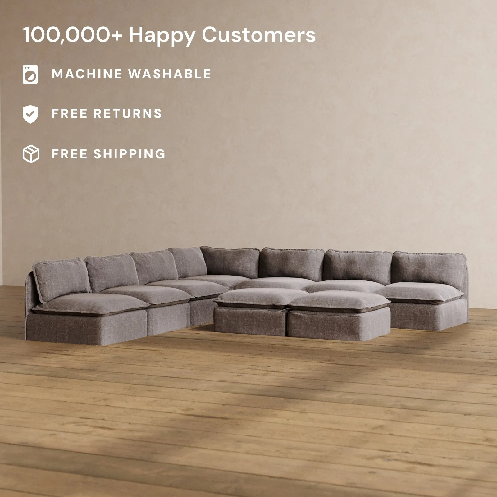 Slipcover Only - Modular Washable 7-Seater Open-Ends Corner Sectional   Bench Ottoman in Caviar