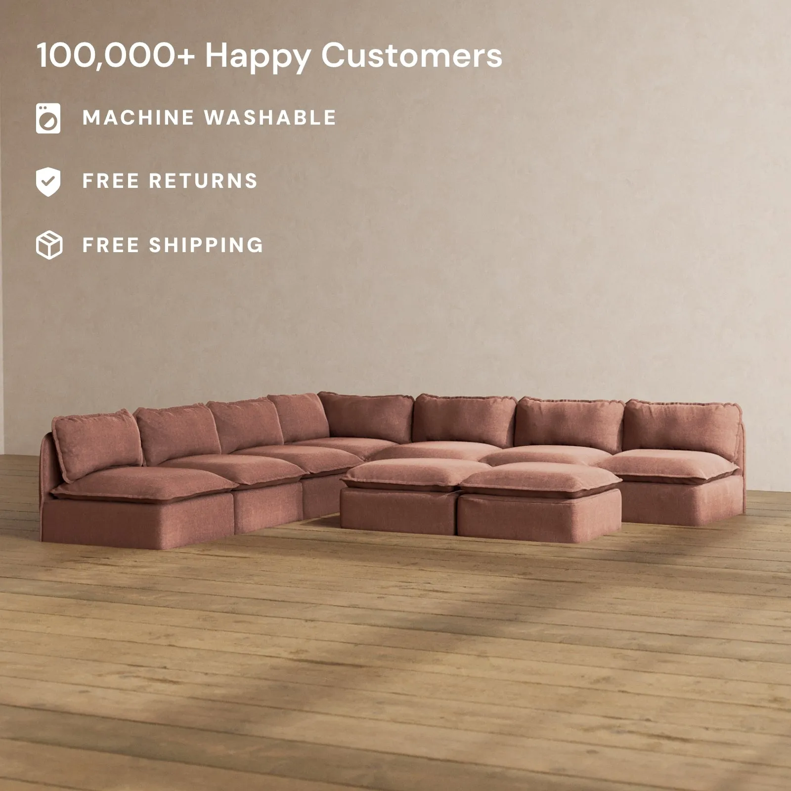 Slipcover Only - Modular Washable 7-Seater Open-Ends Corner Sectional   Bench Ottoman in Chestnut