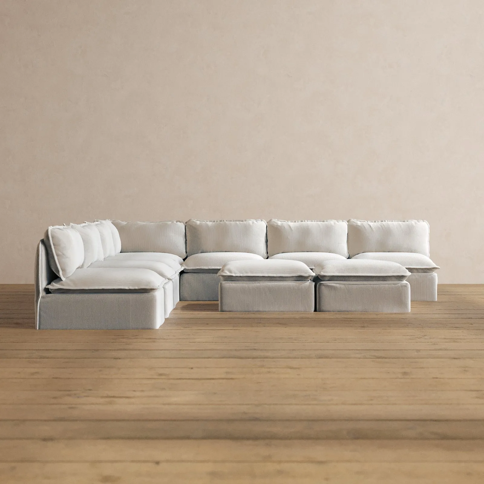 Slipcover Only - Modular Washable 7-Seater Open-Ends Corner Sectional   Bench Ottoman in Milk