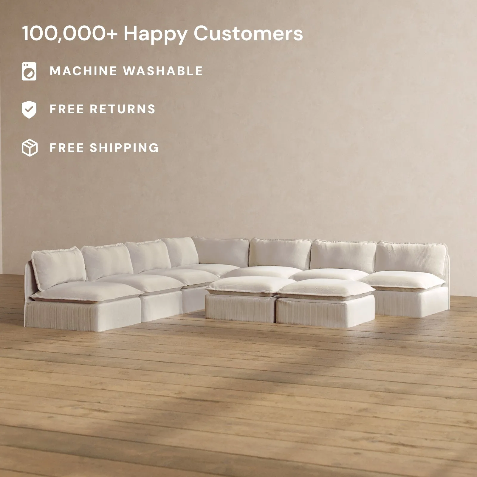 Slipcover Only - Modular Washable 7-Seater Open-Ends Corner Sectional   Bench Ottoman in Milk