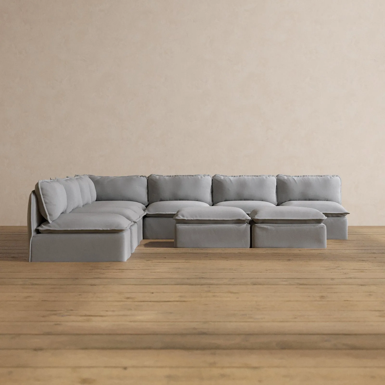 Slipcover Only - Modular Washable 7-Seater Open-Ends Corner Sectional   Bench Ottoman in Pumice