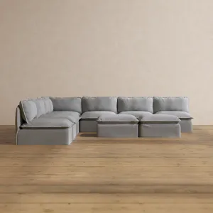 Slipcover Only - Modular Washable 7-Seater Open-Ends Corner Sectional   Bench Ottoman in Pumice