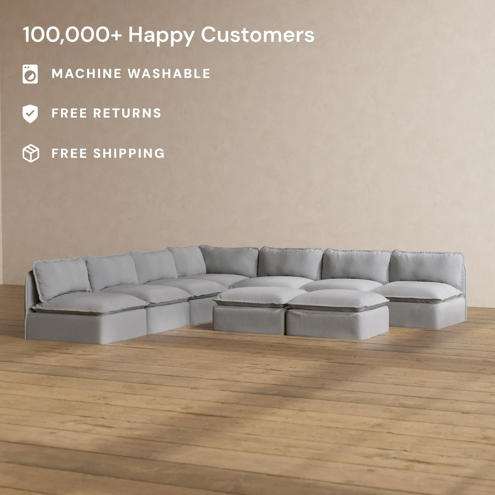 Slipcover Only - Modular Washable 7-Seater Open-Ends Corner Sectional   Bench Ottoman in Pumice