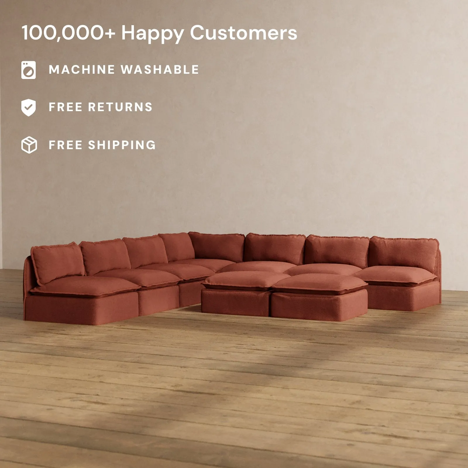 Slipcover Only - Modular Washable 7-Seater Open-Ends Corner Sectional   Bench Ottoman in Rust