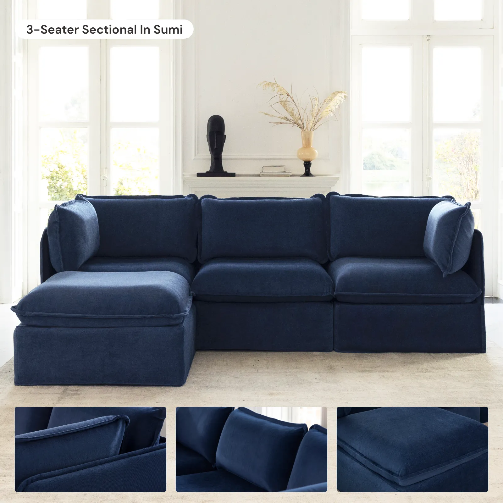 Slipcover Only - Modular Washable 7-Seater Open-Ends Corner Sectional   Bench Ottoman in Sumi