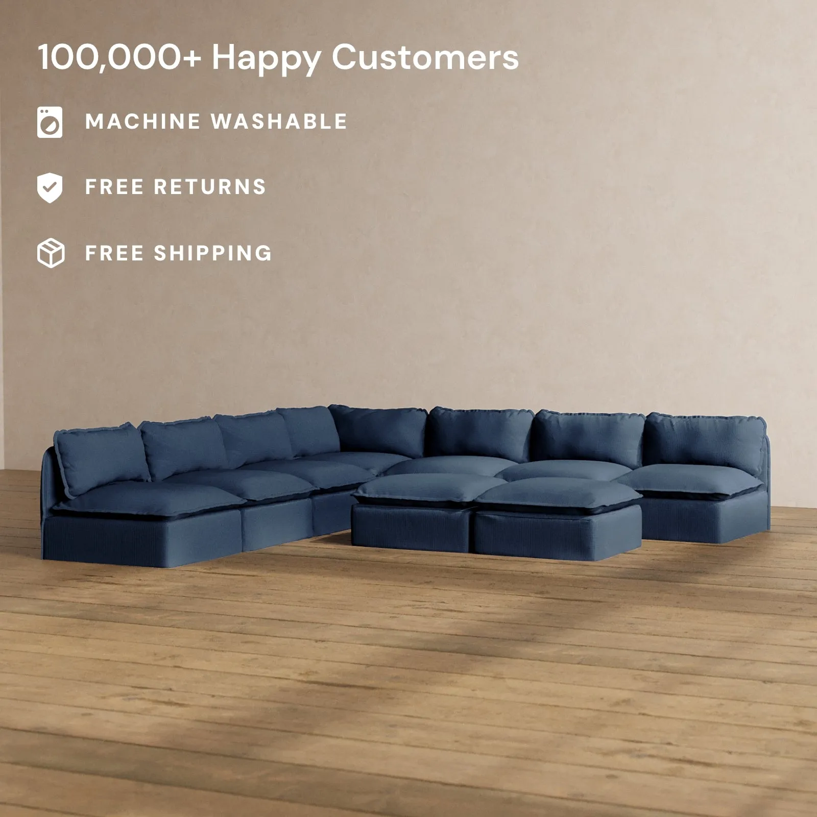Slipcover Only - Modular Washable 7-Seater Open-Ends Corner Sectional   Bench Ottoman in Sumi