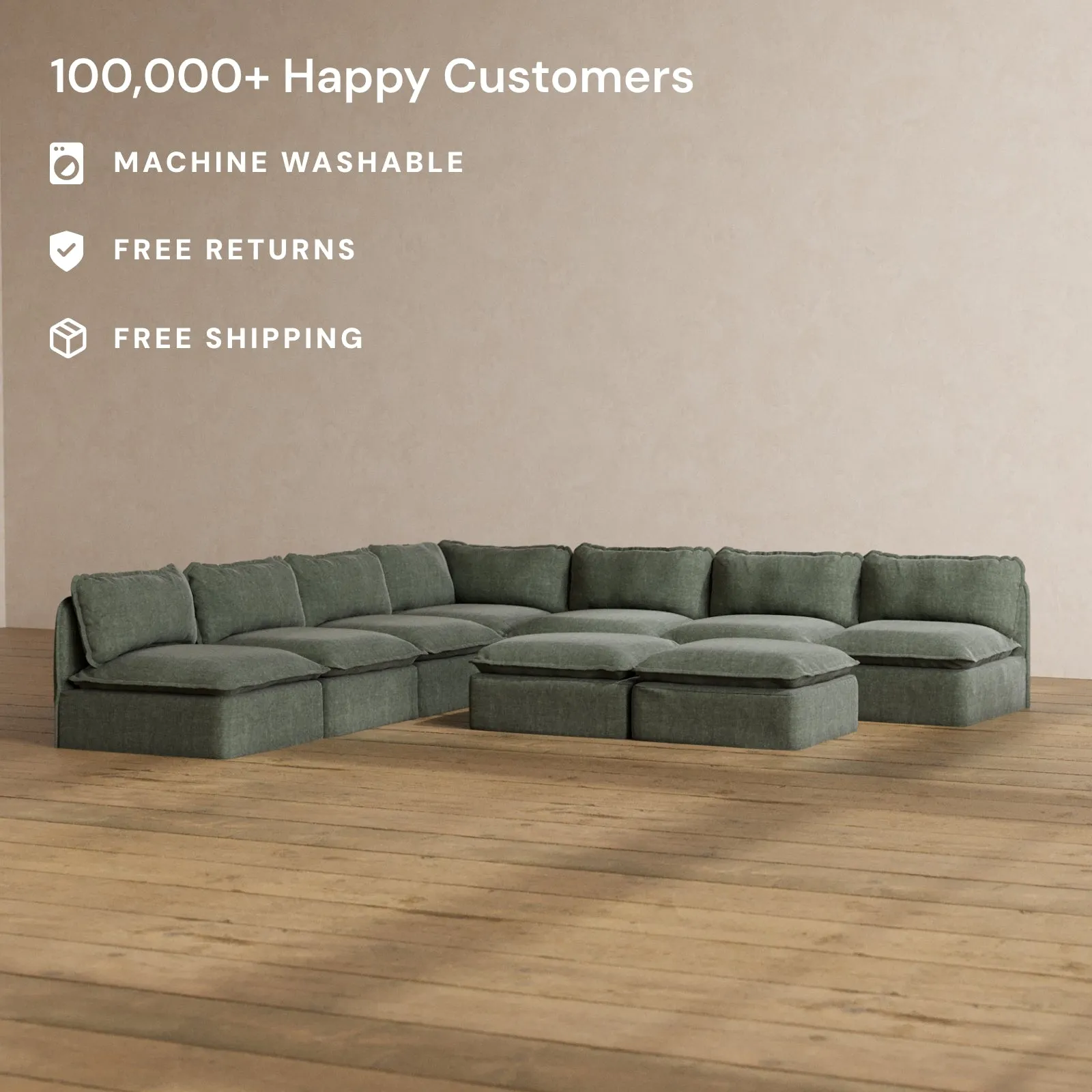 Slipcover Only - Modular Washable 7-Seater Open-Ends Corner Sectional   Bench Ottoman in Willow