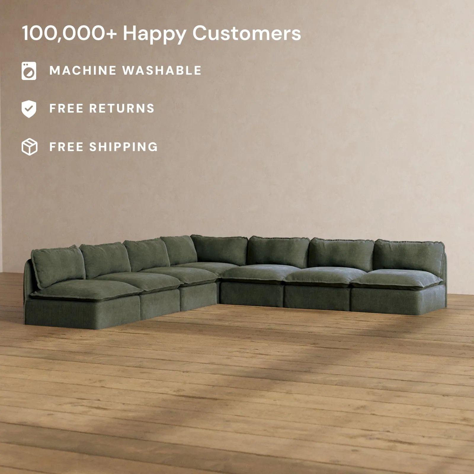 Slipcover Only - Modular Washable 7-Seater Open-Ends Corner Sectional in Olivine
