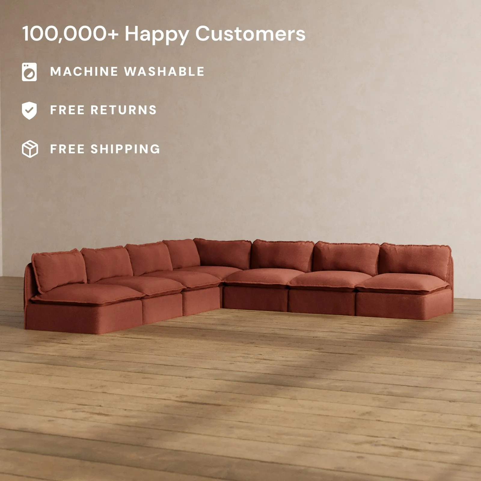 Slipcover Only - Modular Washable 7-Seater Open-Ends Corner Sectional in Rust