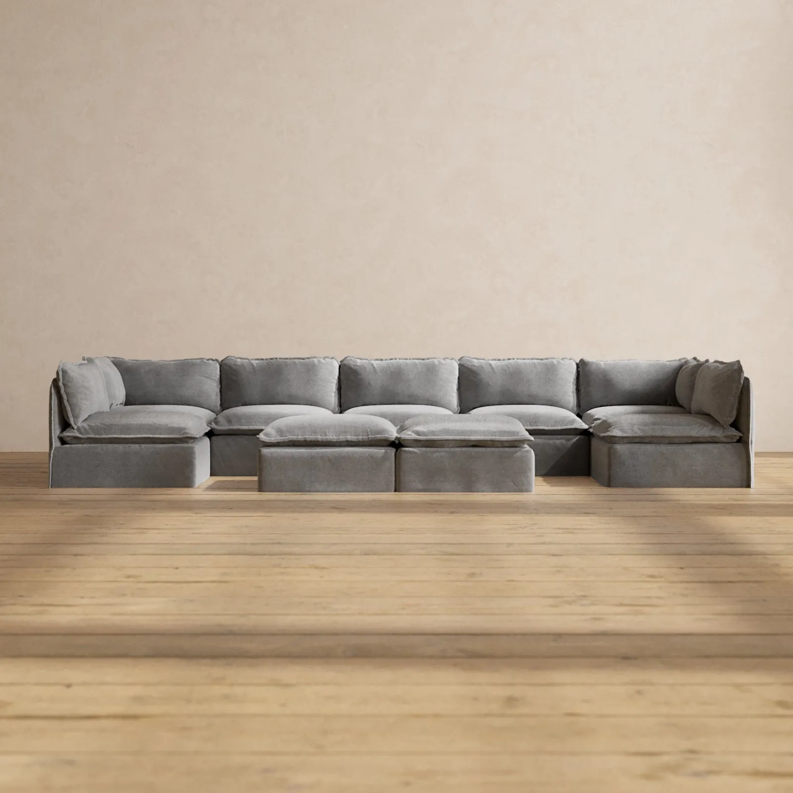 Slipcover Only - Modular Washable 7-Seater Open-Ends U-Sectional   Bench Ottoman in Ash
