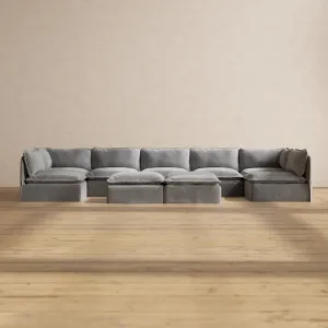 Slipcover Only - Modular Washable 7-Seater Open-Ends U-Sectional   Bench Ottoman in Ash