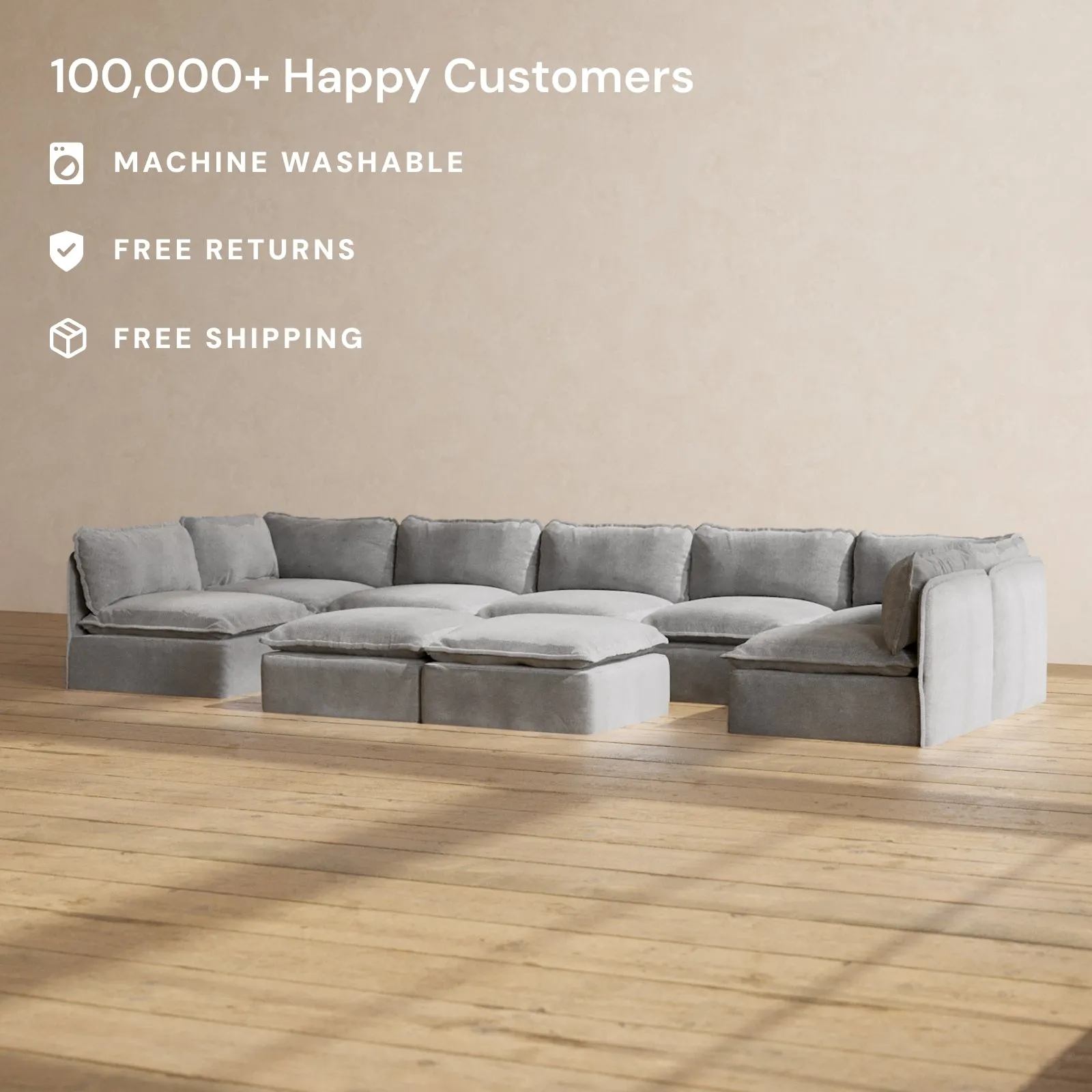 Slipcover Only - Modular Washable 7-Seater Open-Ends U-Sectional   Bench Ottoman in Ash
