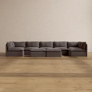 Slipcover Only - Modular Washable 7-Seater Open-Ends U-Sectional   Bench Ottoman in Caviar
