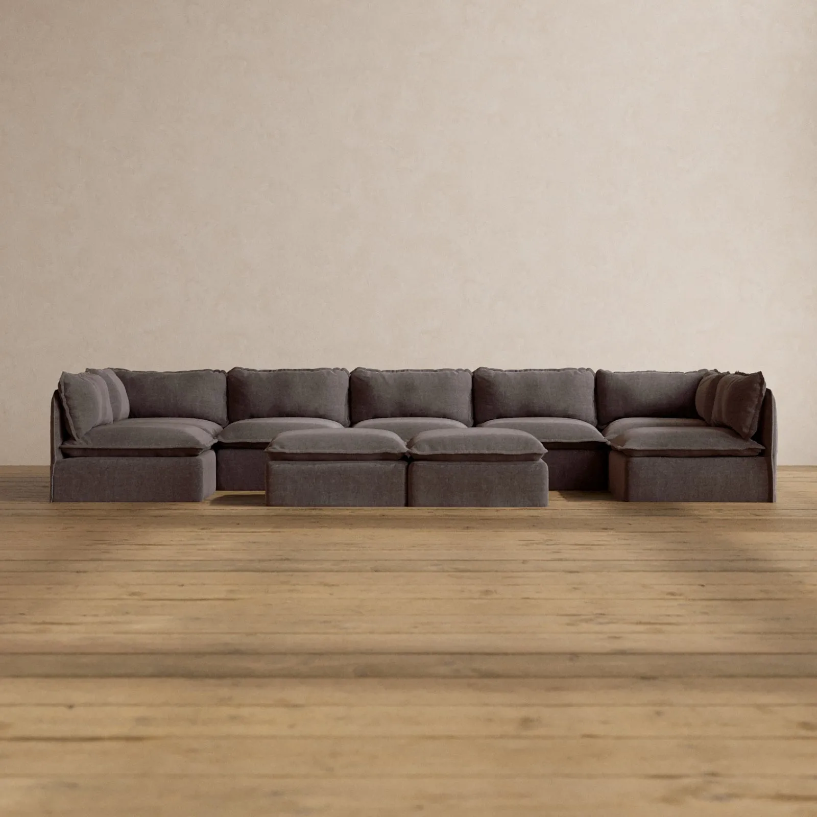 Slipcover Only - Modular Washable 7-Seater Open-Ends U-Sectional   Bench Ottoman in Caviar