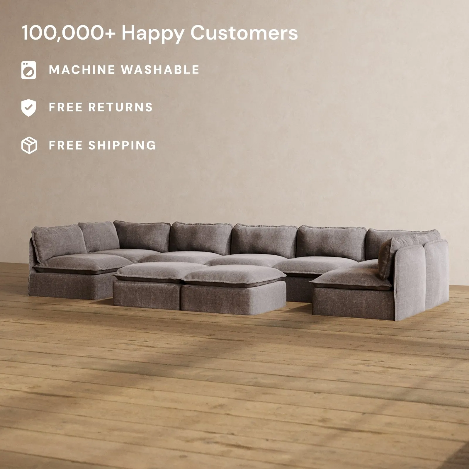 Slipcover Only - Modular Washable 7-Seater Open-Ends U-Sectional   Bench Ottoman in Caviar