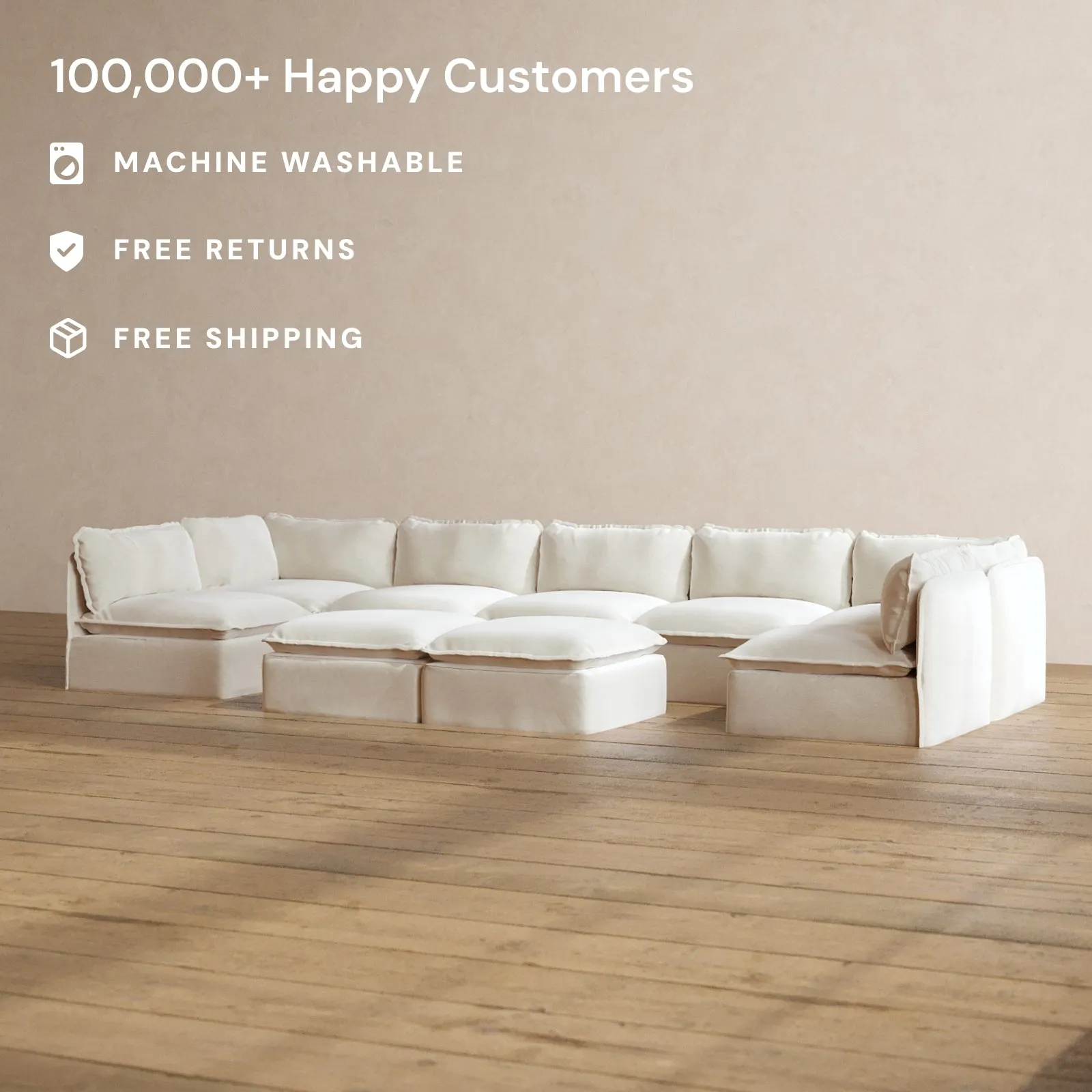 Slipcover Only - Modular Washable 7-Seater Open-Ends U-Sectional   Bench Ottoman in Coco