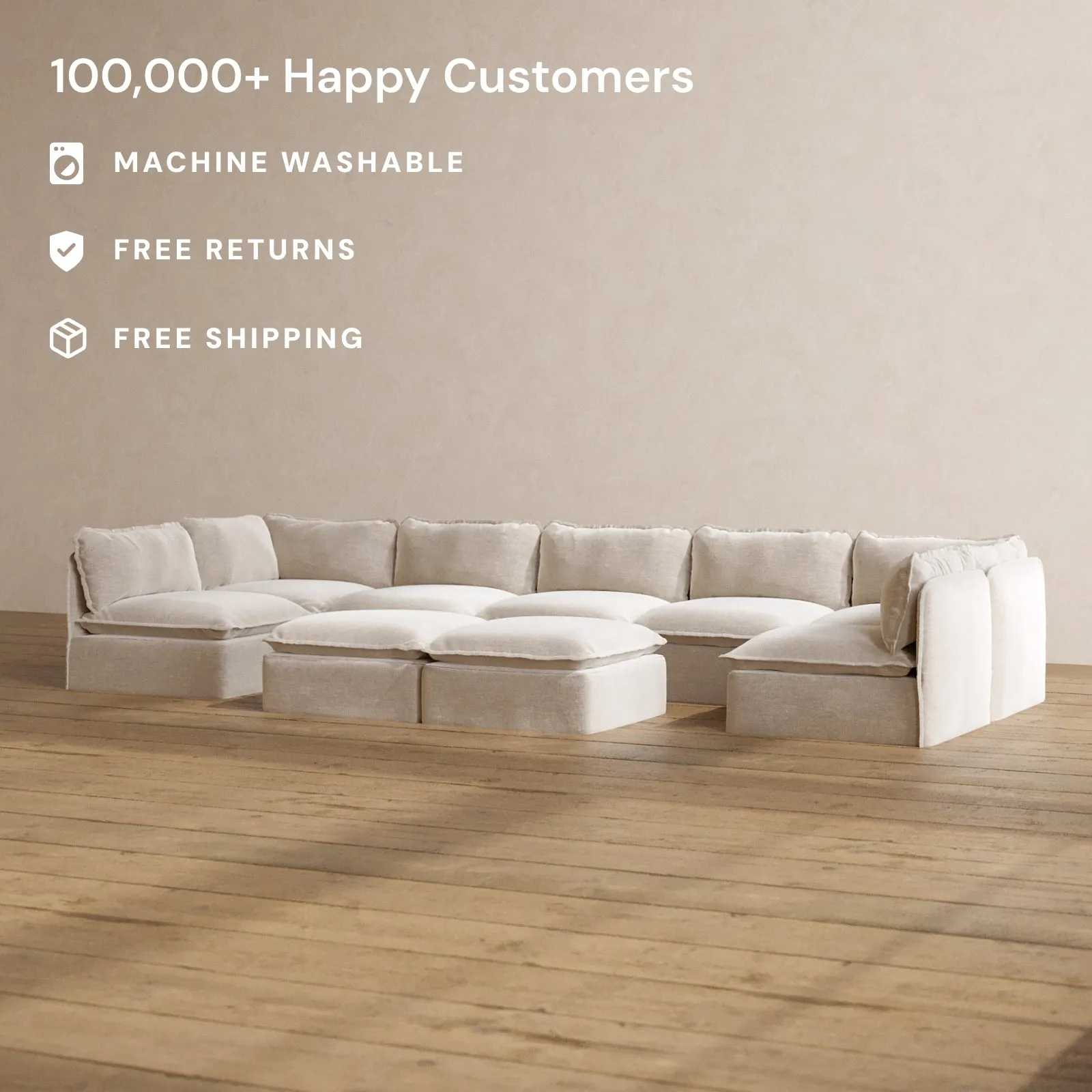 Slipcover Only - Modular Washable 7-Seater Open-Ends U-Sectional   Bench Ottoman in Mist