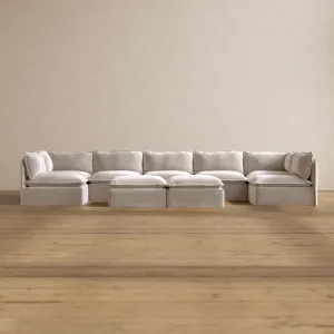 Slipcover Only - Modular Washable 7-Seater Open-Ends U-Sectional   Bench Ottoman in Mist