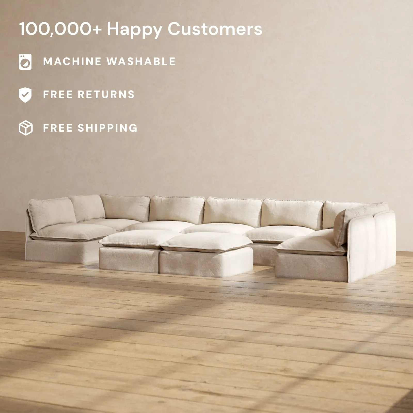 Slipcover Only - Modular Washable 7-Seater Open-Ends U-Sectional   Bench Ottoman in Oat