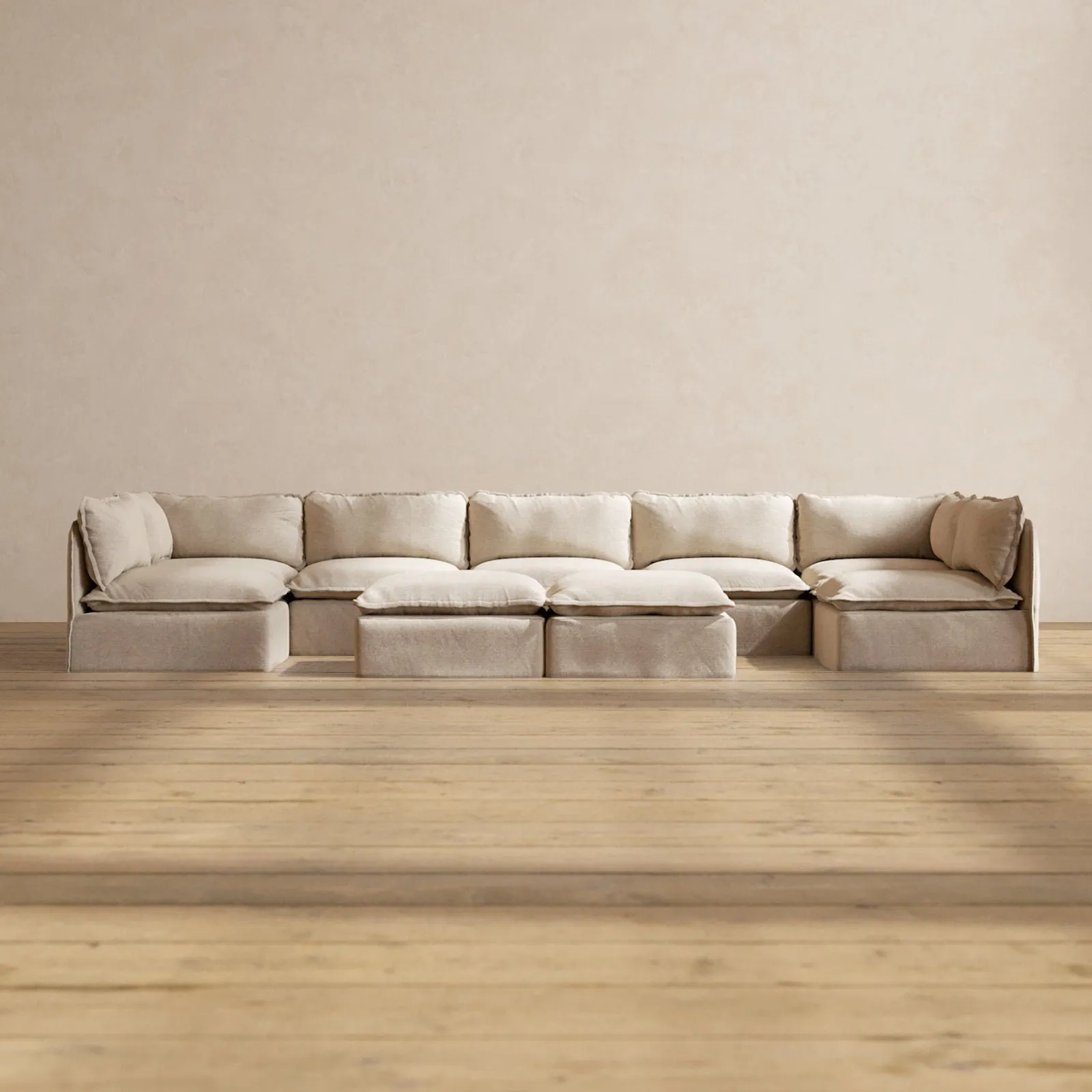 Slipcover Only - Modular Washable 7-Seater Open-Ends U-Sectional   Bench Ottoman in Oat