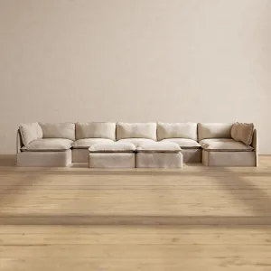 Slipcover Only - Modular Washable 7-Seater Open-Ends U-Sectional   Bench Ottoman in Oat