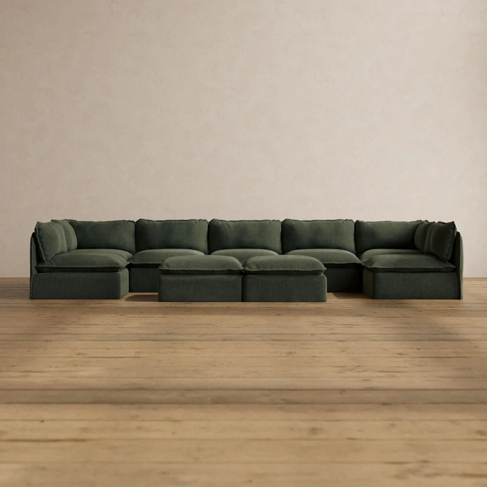 Slipcover Only - Modular Washable 7-Seater Open-Ends U-Sectional   Bench Ottoman in Olivine