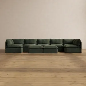 Slipcover Only - Modular Washable 7-Seater Open-Ends U-Sectional   Bench Ottoman in Olivine