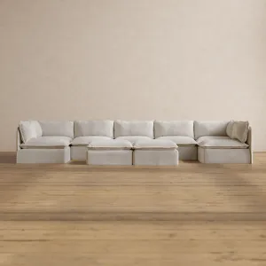 Slipcover Only - Modular Washable 7-Seater Open-Ends U-Sectional   Bench Ottoman in Powder