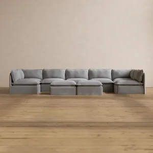 Slipcover Only - Modular Washable 7-Seater Open-Ends U-Sectional   Bench Ottoman in Pumice