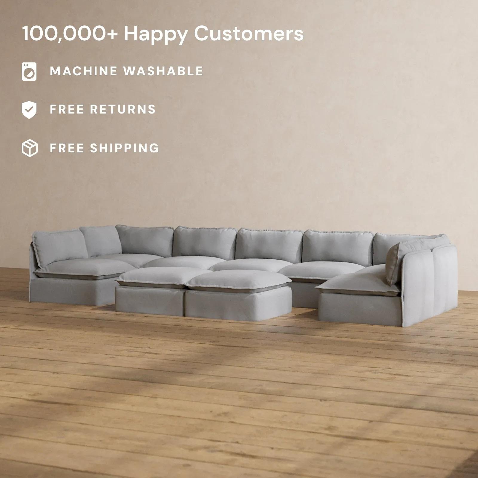 Slipcover Only - Modular Washable 7-Seater Open-Ends U-Sectional   Bench Ottoman in Pumice