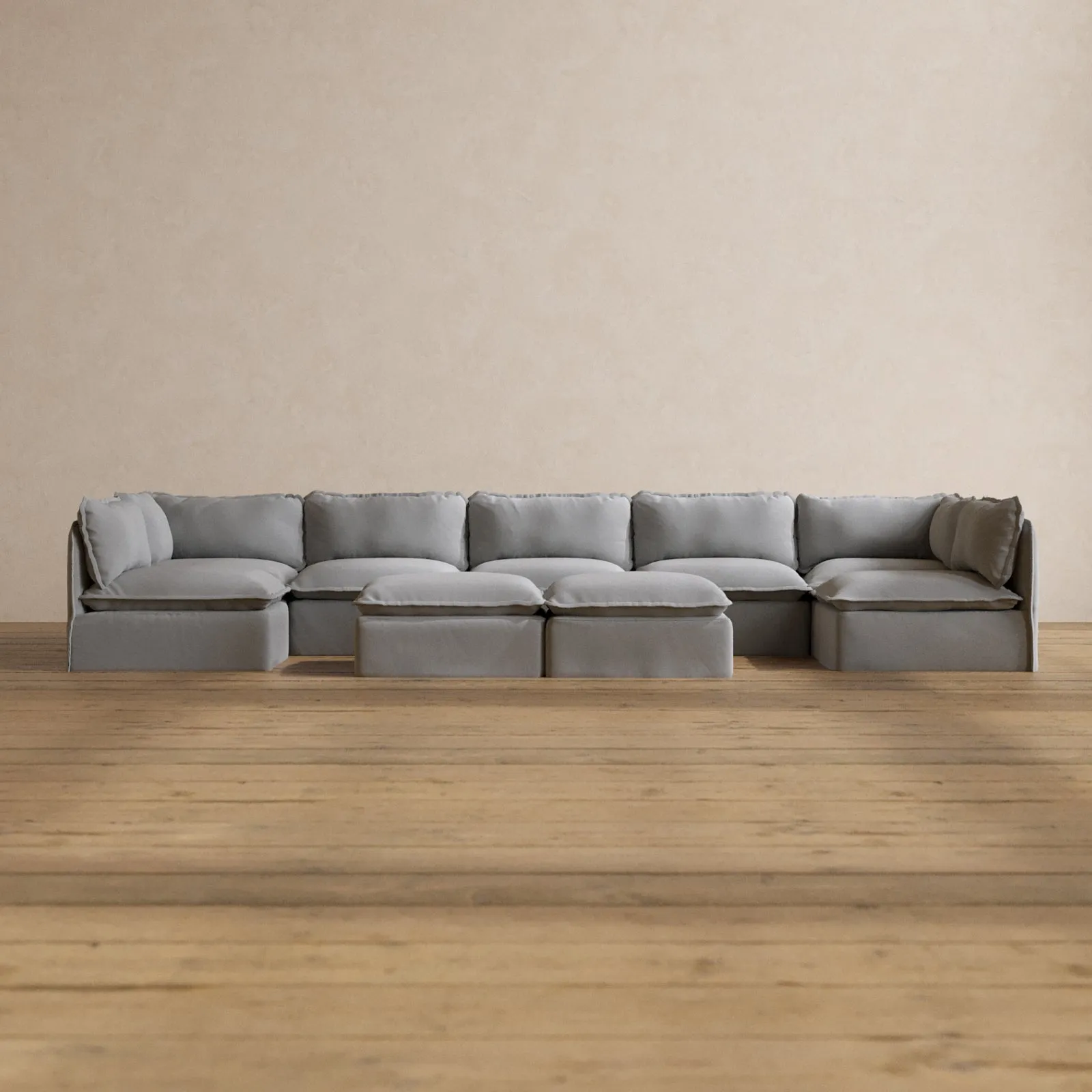 Slipcover Only - Modular Washable 7-Seater Open-Ends U-Sectional   Bench Ottoman in Pumice