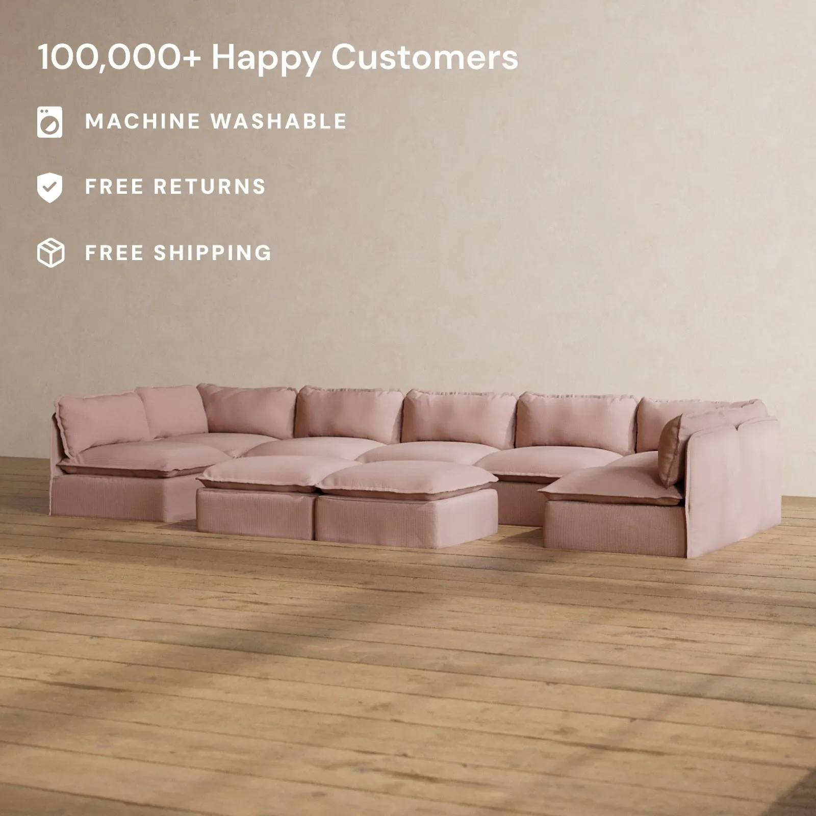 Slipcover Only - Modular Washable 7-Seater Open-Ends U-Sectional   Bench Ottoman in Sakura