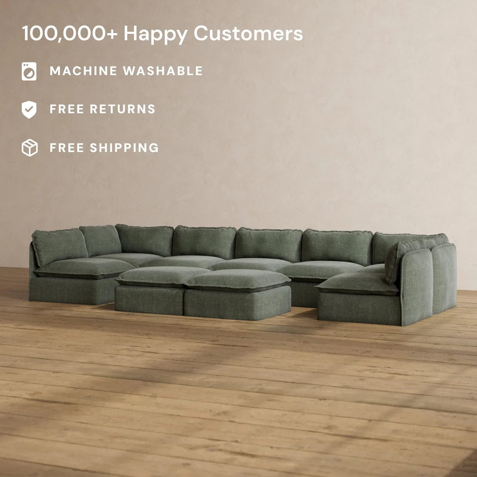 Slipcover Only - Modular Washable 7-Seater Open-Ends U-Sectional   Bench Ottoman in Willow