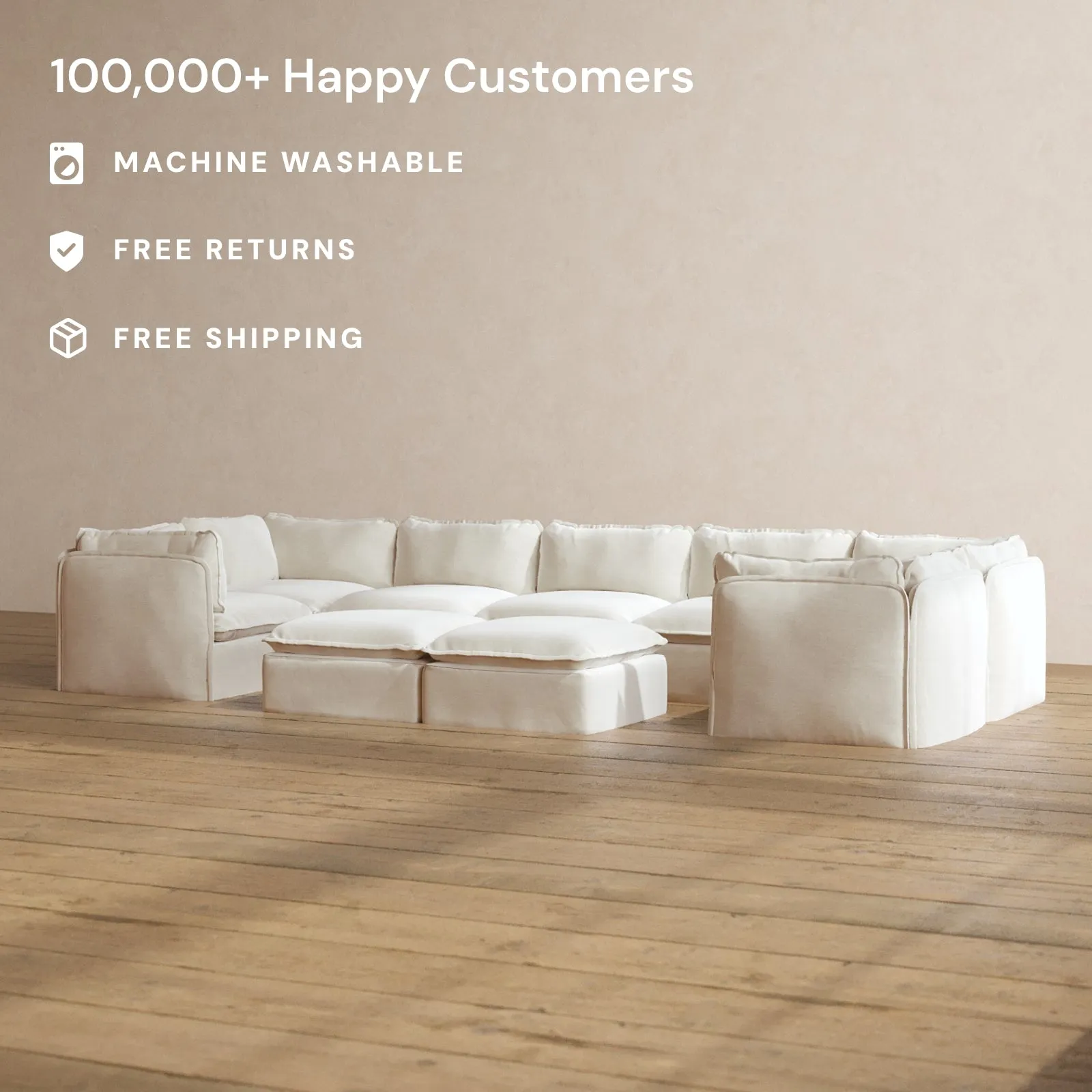 Slipcover Only - Modular Washable 7-Seater U-Sectional   Bench Ottoman in Coco