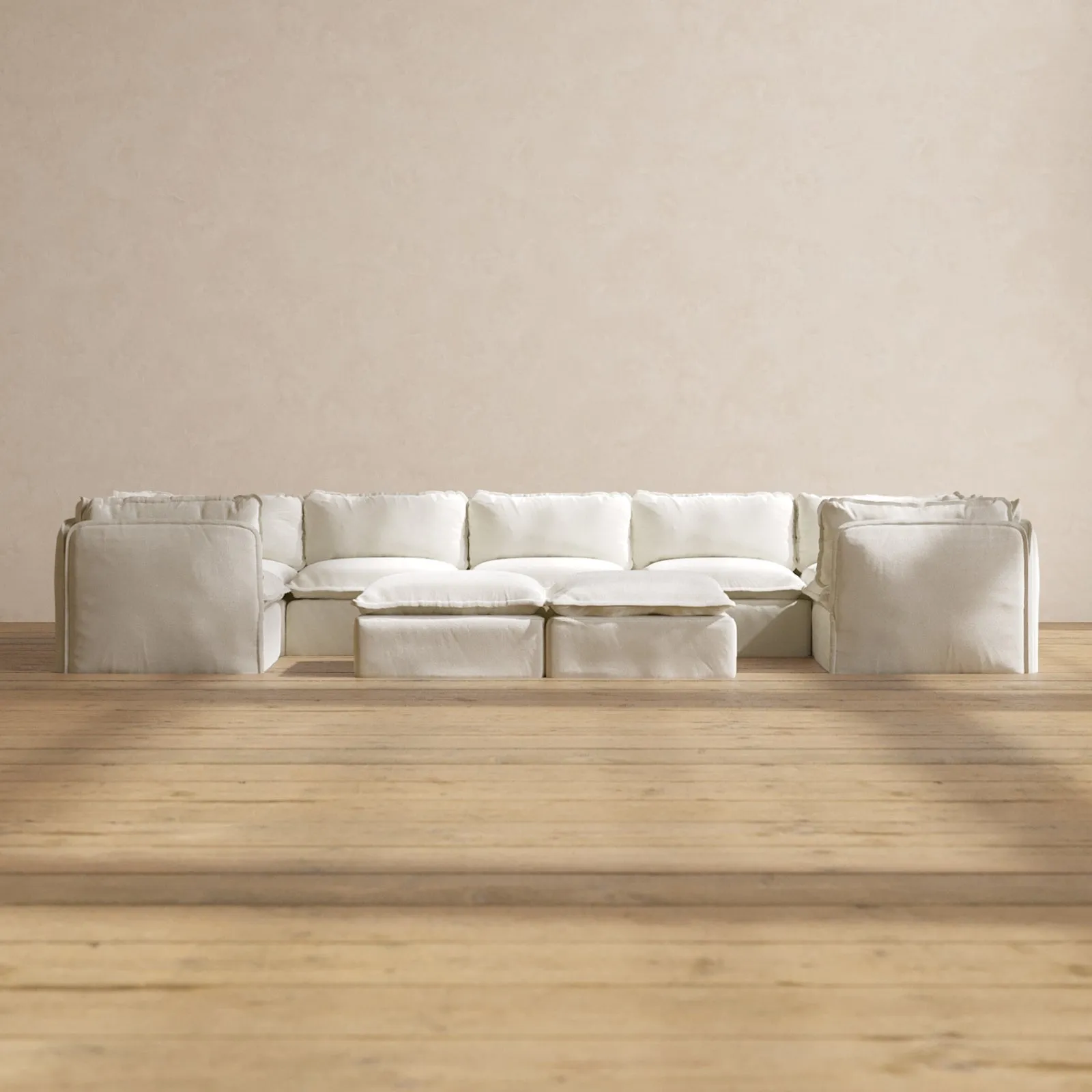 Slipcover Only - Modular Washable 7-Seater U-Sectional   Bench Ottoman in Eggshell