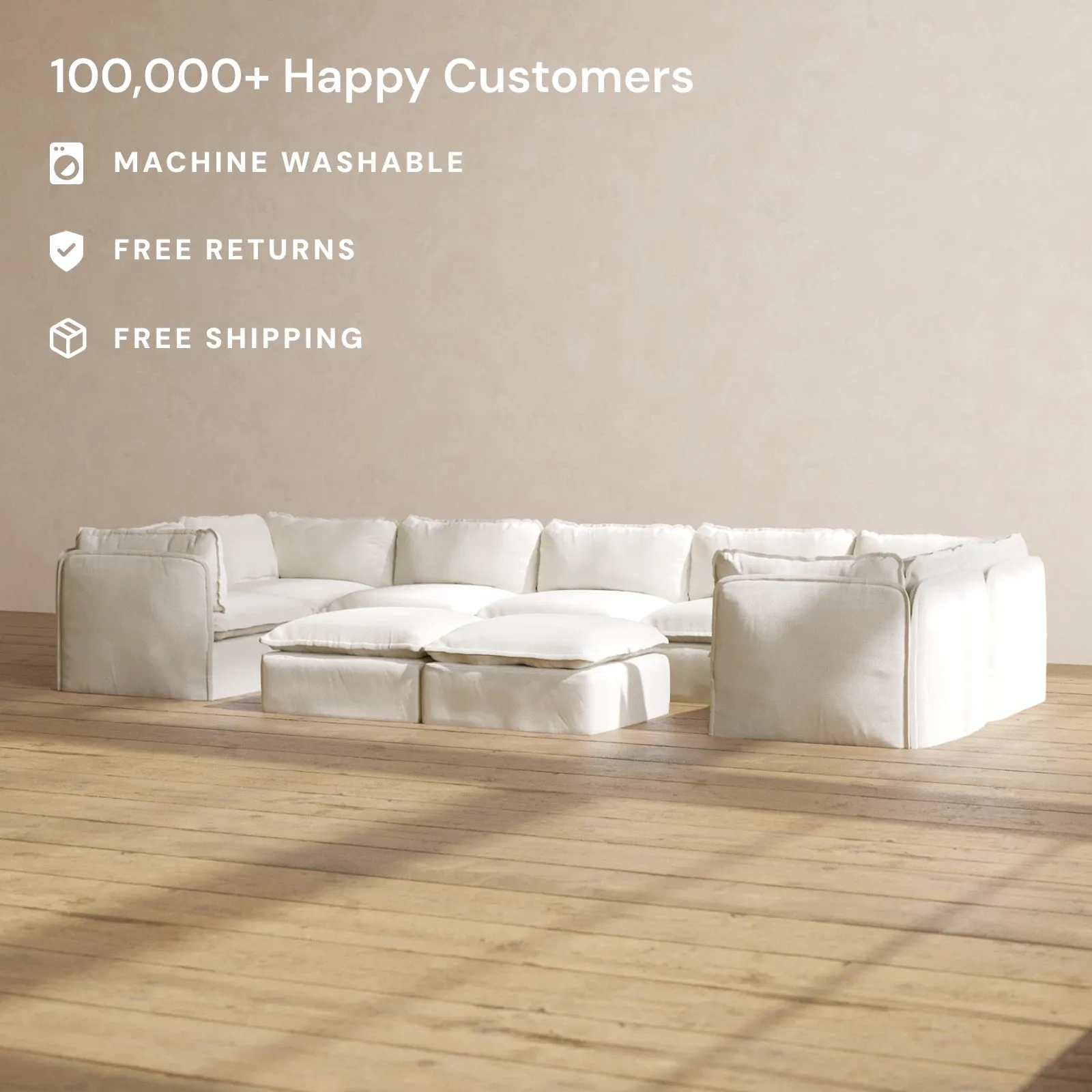 Slipcover Only - Modular Washable 7-Seater U-Sectional   Bench Ottoman in Eggshell