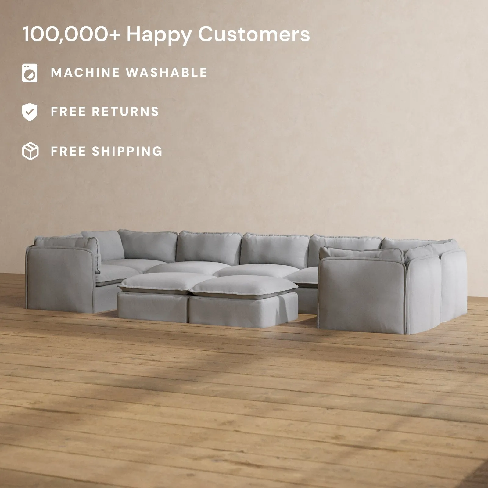 Slipcover Only - Modular Washable 7-Seater U-Sectional   Bench Ottoman in Pumice