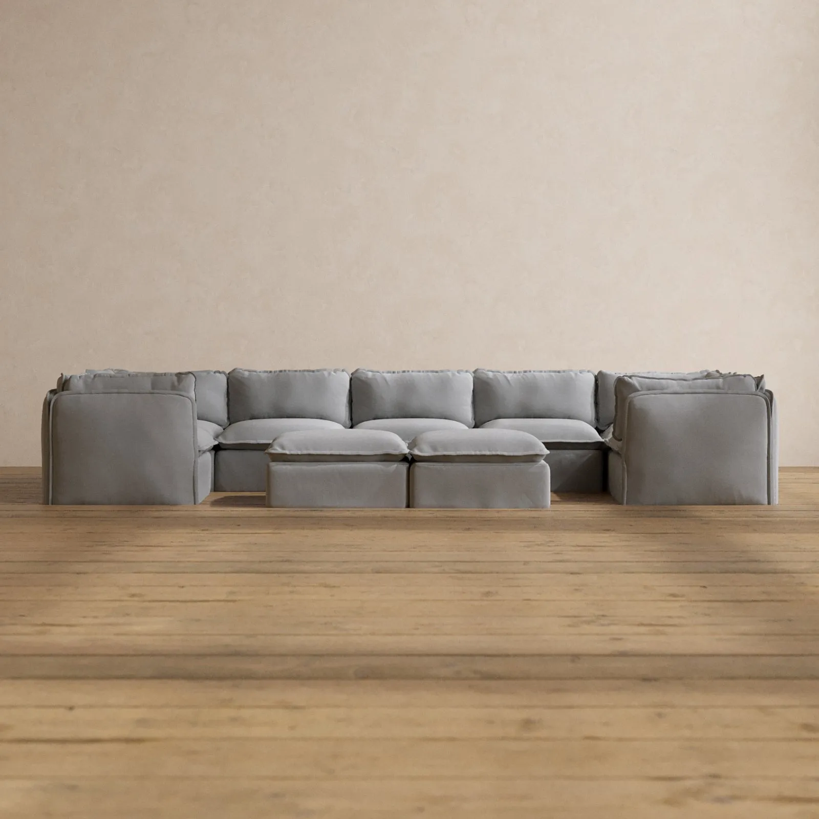 Slipcover Only - Modular Washable 7-Seater U-Sectional   Bench Ottoman in Pumice