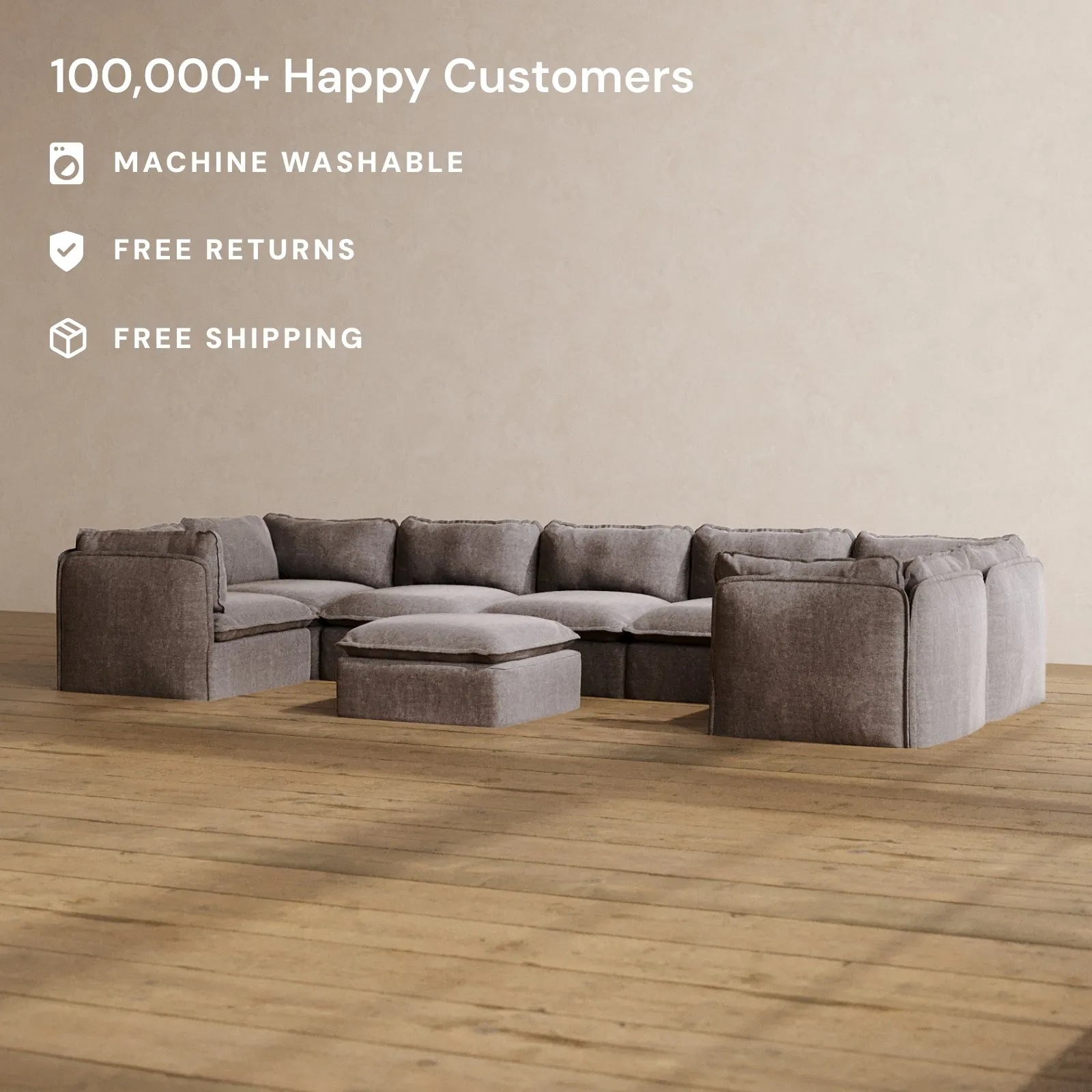 Slipcover Only - Modular Washable 7-Seater U-Sectional   Ottoman in Caviar