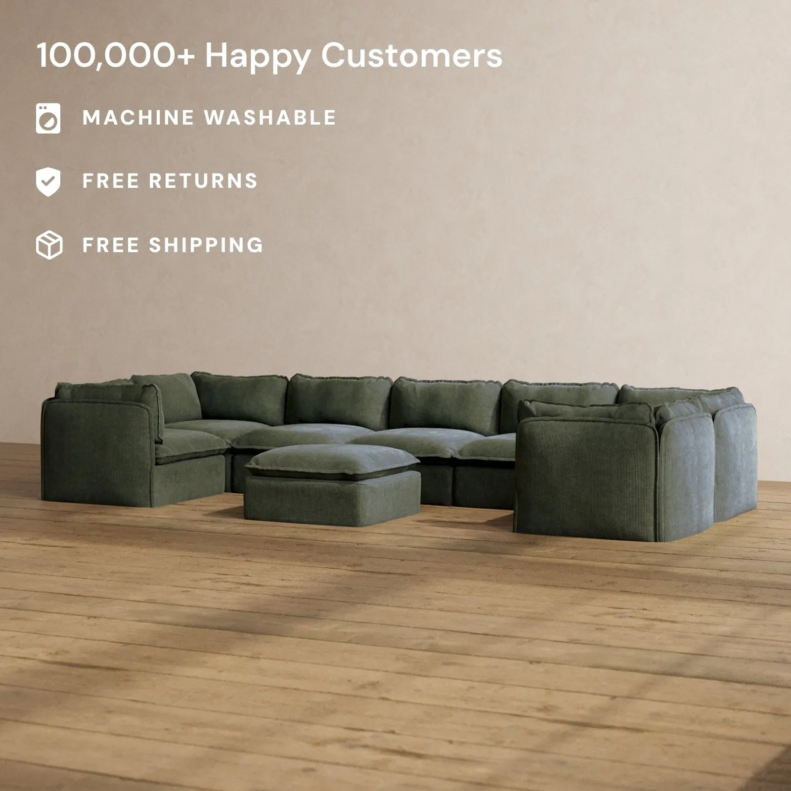 Slipcover Only - Modular Washable 7-Seater U-Sectional   Ottoman in Olivine