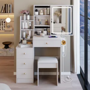Small Size Left Bedside Cabinet Vanity Table Cushioned Stool.USB Power Station.Touch Control Sliding LED Mirror