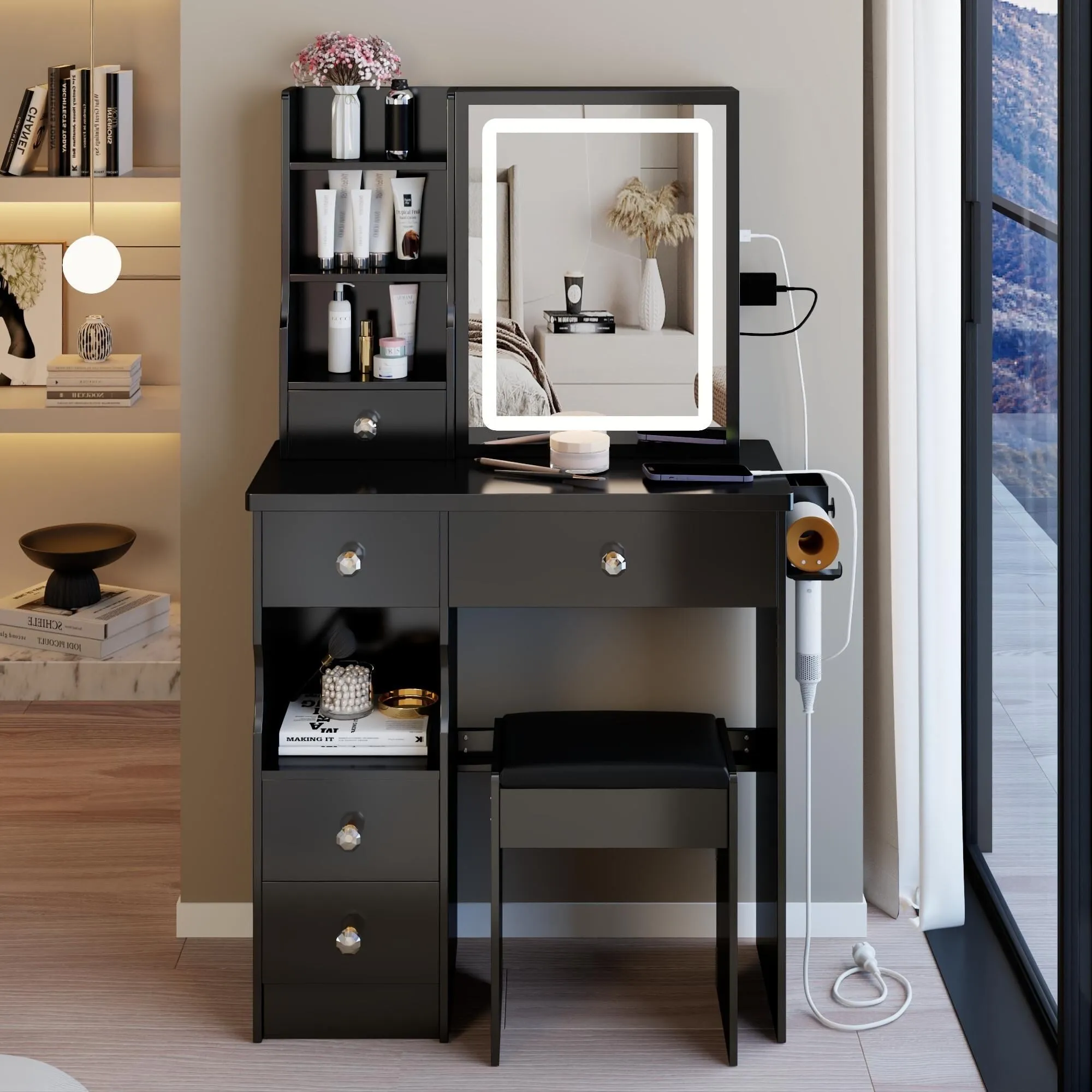 Small Size Left Drawer Desktop Vanity Table   Cushioned Stool.Extra Large Touch Control Sliding LED Mirror.Tri-color Switching