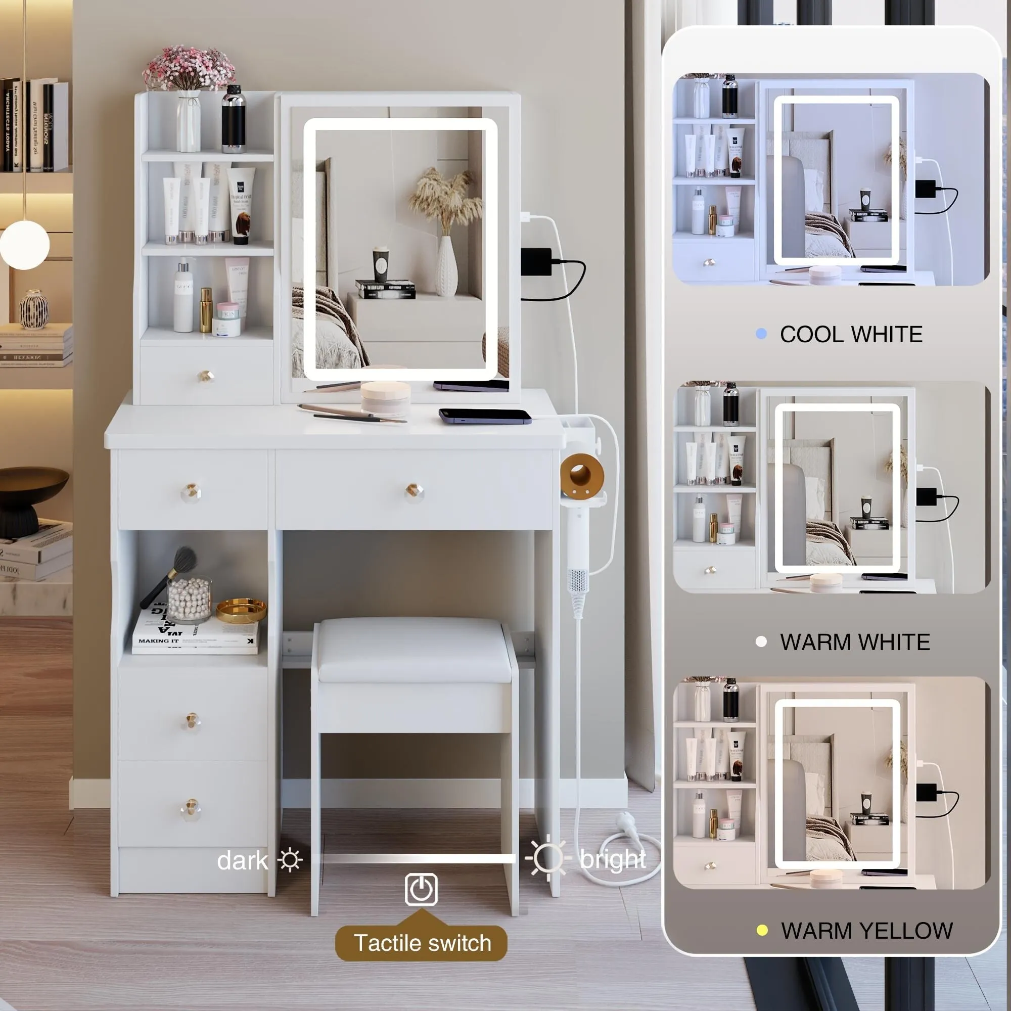 Small Size Left Drawer Desktop Vanity Table   Cushioned Stool.Extra Large Touch Control Sliding LED Mirror.Tri-color Switching