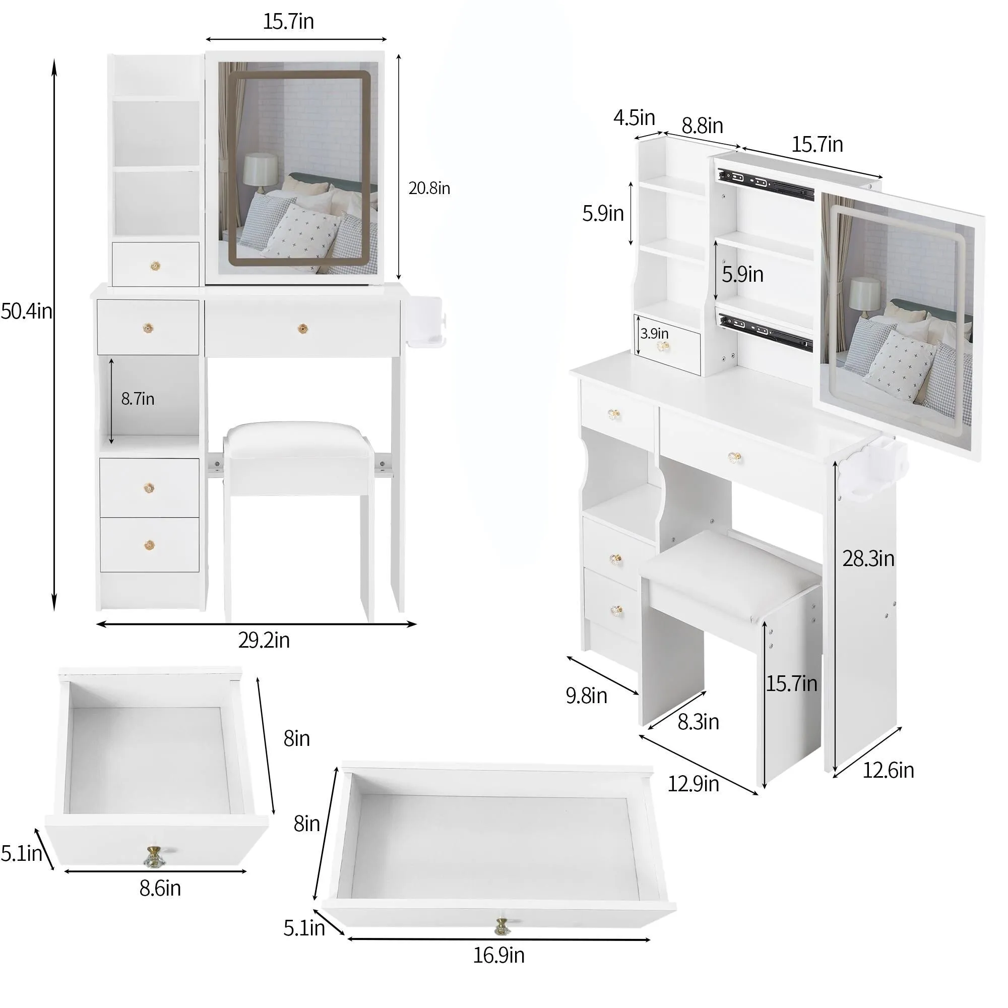 Small Size Left Drawer Desktop Vanity Table   Cushioned Stool.Extra Large Touch Control Sliding LED Mirror.Tri-color Switching