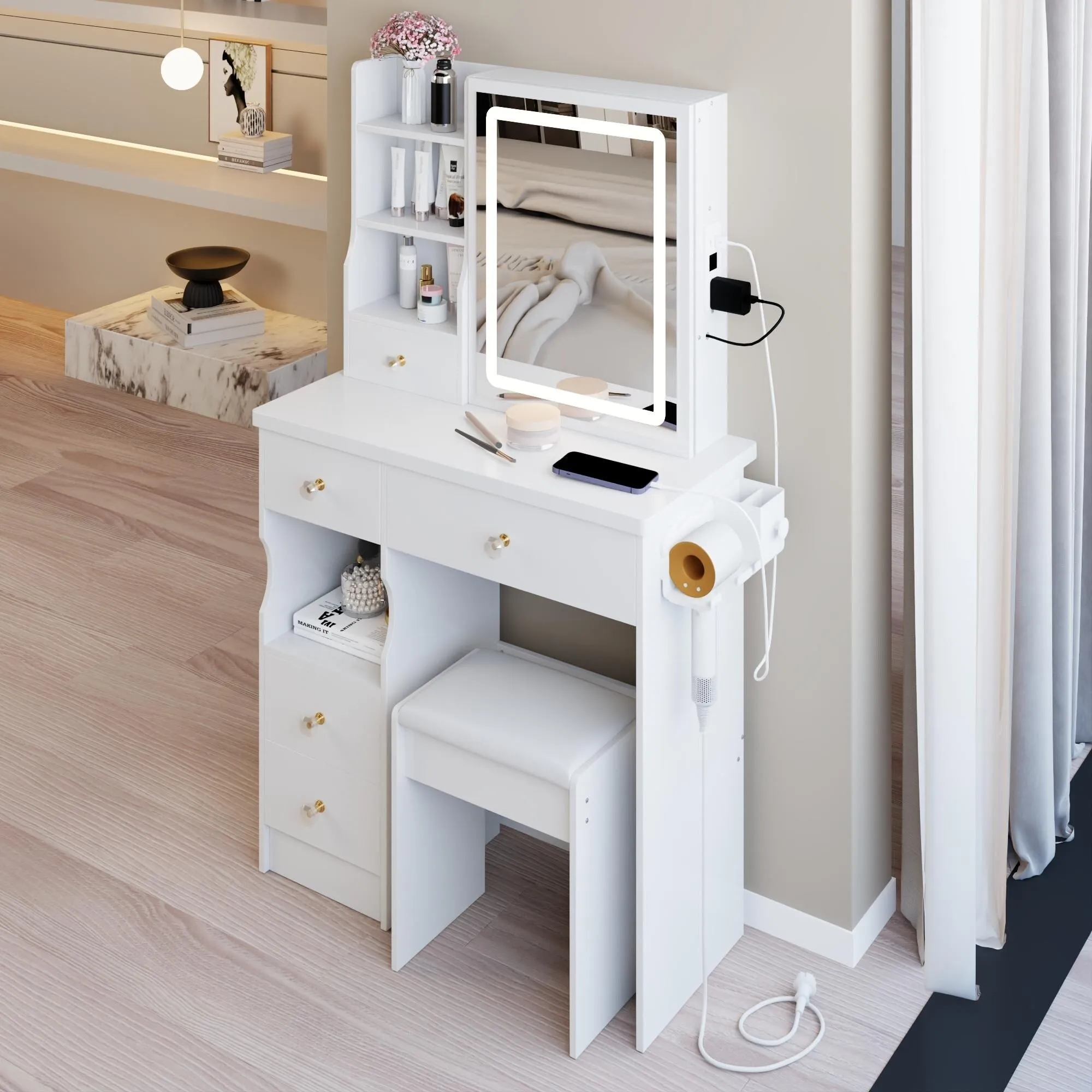 Small Size Left Drawer Desktop Vanity Table   Cushioned Stool.Extra Large Touch Control Sliding LED Mirror.Tri-color Switching