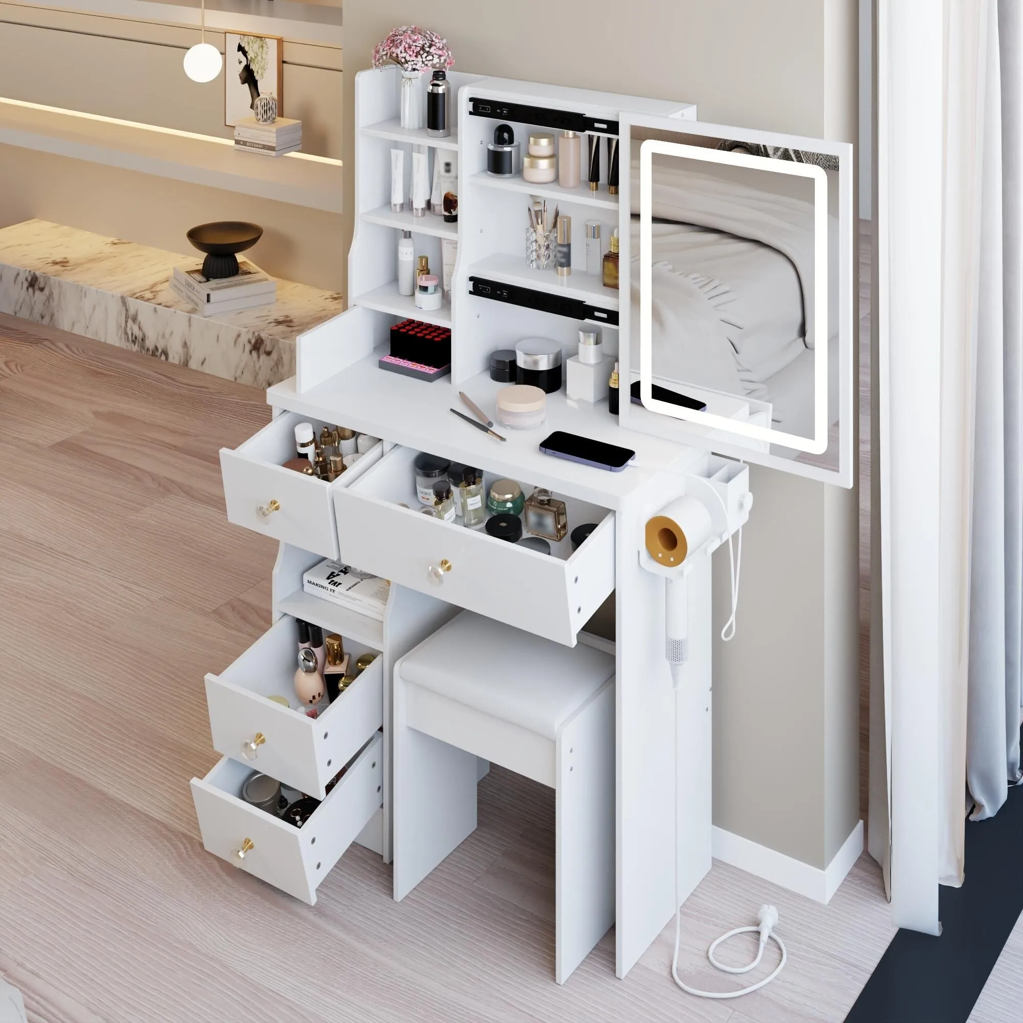 Small Size Left Drawer Desktop Vanity Table   Cushioned Stool.Extra Large Touch Control Sliding LED Mirror.Tri-color Switching