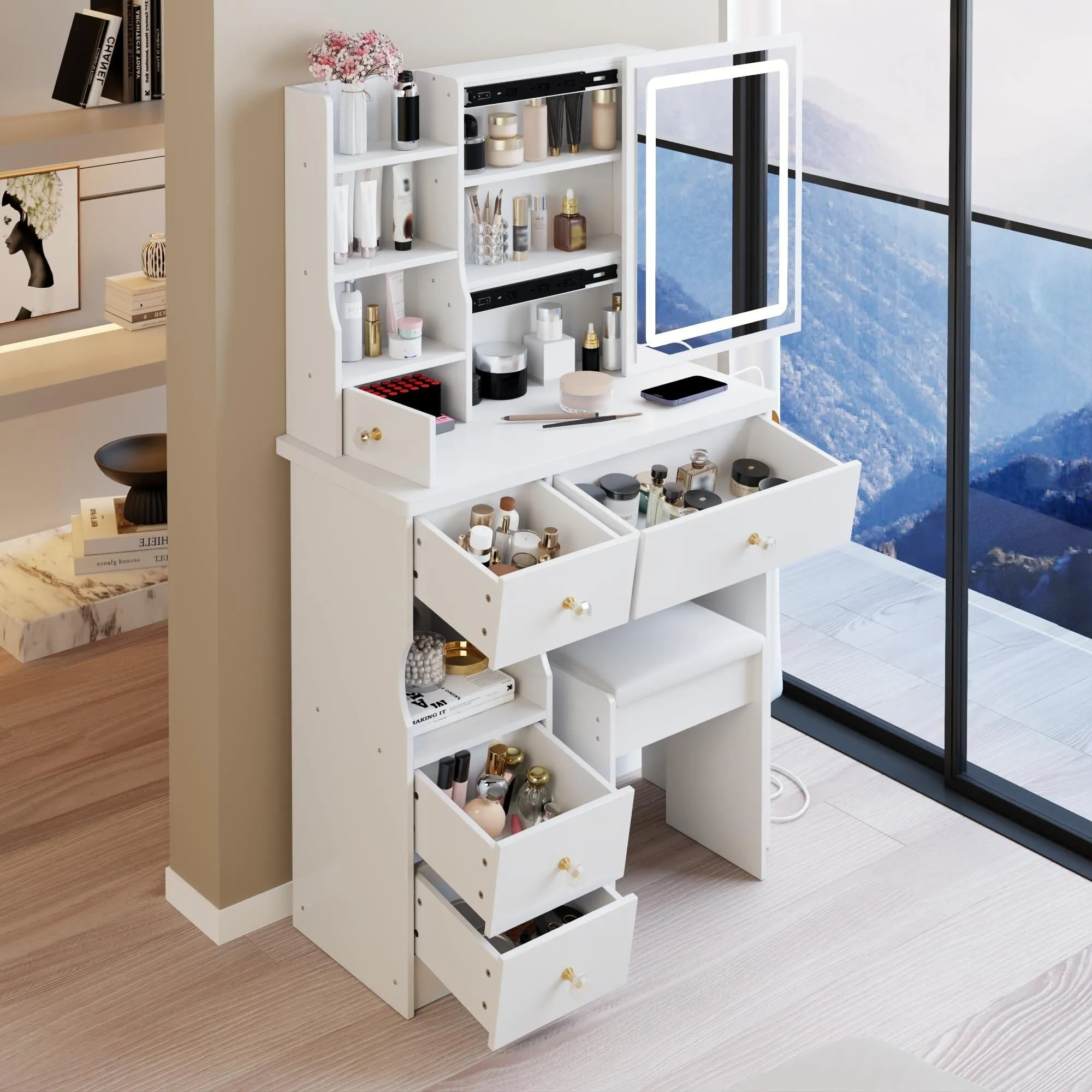 Small Size Left Drawer Desktop Vanity Table   Cushioned Stool.Extra Large Touch Control Sliding LED Mirror.Tri-color Switching