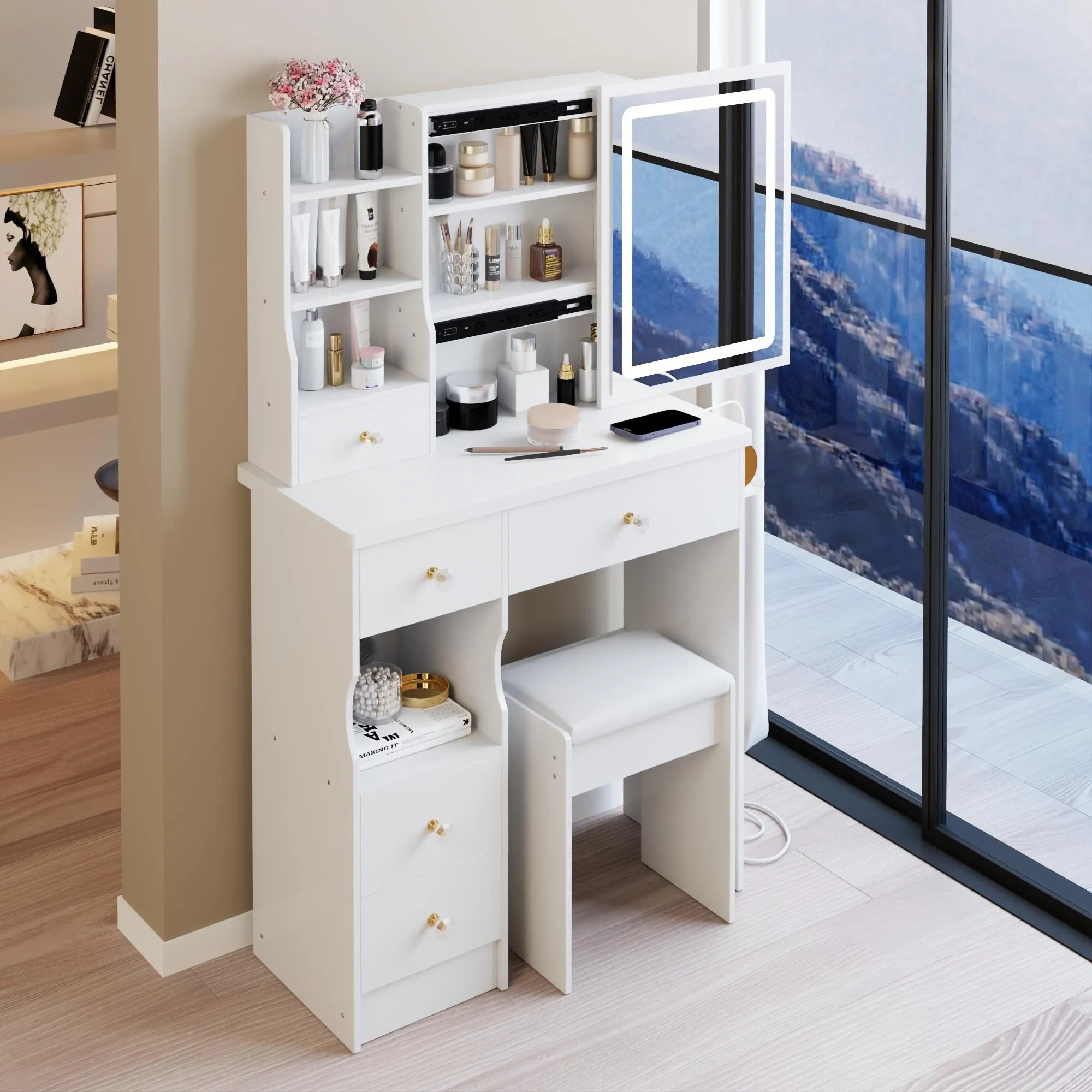 Small Size Left Drawer Desktop Vanity Table   Cushioned Stool.Extra Large Touch Control Sliding LED Mirror.Tri-color Switching