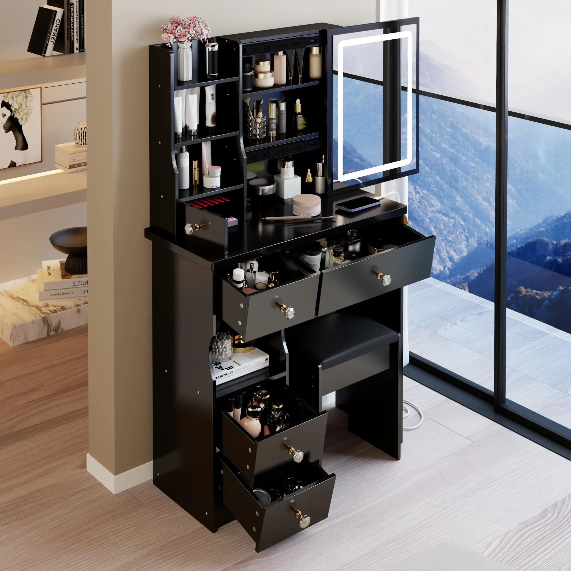 Small Size Left Drawer Desktop Vanity Table   Cushioned Stool.Extra Large Touch Control Sliding LED Mirror.Tri-color Switching